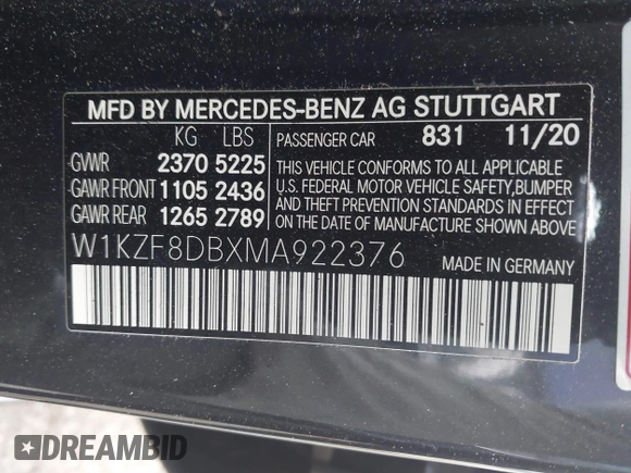 2021 Mercedes-Benz E-Class E 350 with VIN W1KZF8DBXMA922376, listed as a IAAI auction lot 41839202 with 36,418 mi miles. Bid and sale history available at carsss.com. Image 9.