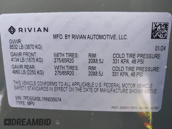 2024 Rivian R1S Launch Edition with VIN 7PDSGABL1RN035074, listed as a IAAI auction lot 41276556 with Not Provided miles. Bid and sale history available at carsss.com. Image 9.