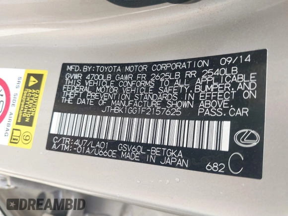 2015 Lexus ES 330 with VIN JTHBK1GG1F2157625, listed as a IAAI auction lot 42102389 with 126,582 mi miles and . Bid and sale history available at DreamBid. Image 9.
