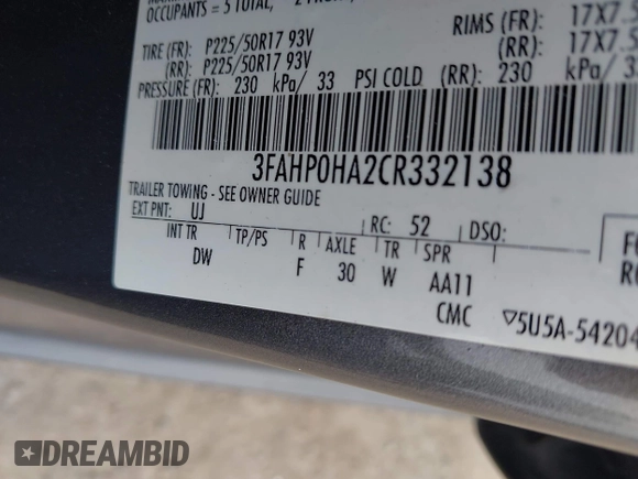 2012 Ford Fusion SE with VIN 3FAHP0HA2CR332138, listed as a IAAI auction lot 42637478 with 139,120 mi miles and . Bid and sale history available at DreamBid. Image 9.