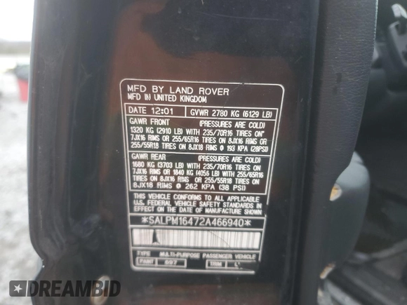 2002 Land Rover Range Rover with VIN SALPM16472A466940, listed as a Copart auction lot 41360865 with Not provided miles and Clean title. Bid and sale history available at DreamBid. Image 13.