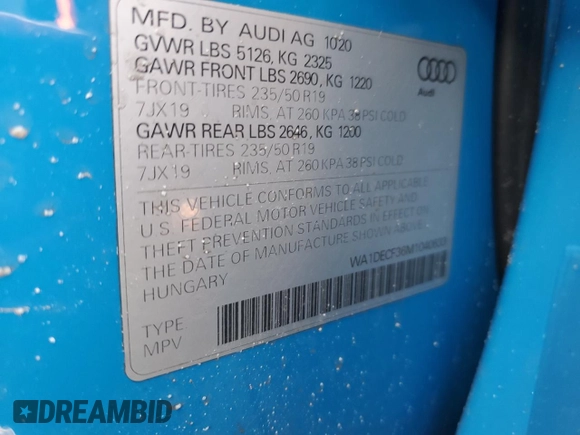 2021 Audi Q3 S line Premium with VIN WA1DECF36M1040633, listed as a Copart auction lot 50421215 with Not Provided miles and Non Repairable. Bid and sale history available at DreamBid. Image 13.