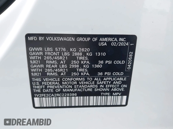 2024 Volkswagen Atlas SEL Premium R-Line с VIN 1V2FE2CA2RC229396, выставлен на аукционе IAAI как лот 42022827 с пробегом 8 691 миль миль и . История ставок и продаж доступна на DreamBid. Изображение 9.