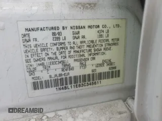 2003 Nissan Altima SE with VIN 1N4BL11E83C345611, listed as a Copart auction lot 56047145 with 145,617 mi miles and Clean title. Bid and sale history available at DreamBid. Image 12.