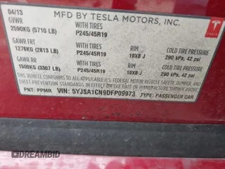 2013 Tesla Model S с VIN 5YJSA1CN9DFP09973, выставлен на аукционе IAAI как лот 41657188 с пробегом 61 546 миль миль и . История ставок и продаж доступна на DreamBid. Изображение 9.