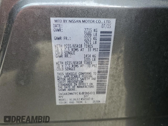 2015 Nissan Pathfinder SV with VIN 5N1AR2MN7FC689601, listed as a Copart auction lot 52215845 with 117,809 mi miles and Salvage Title. Bid and sale history available at carsss.com. Image 16.