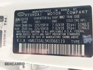 2019 Hyundai Tucson Sport with VIN KM8J33AL5KU066119, listed as a IAAI auction lot 42041651 with 60,281 mi miles. Bid and sale history available at carsss.com. Image 9.