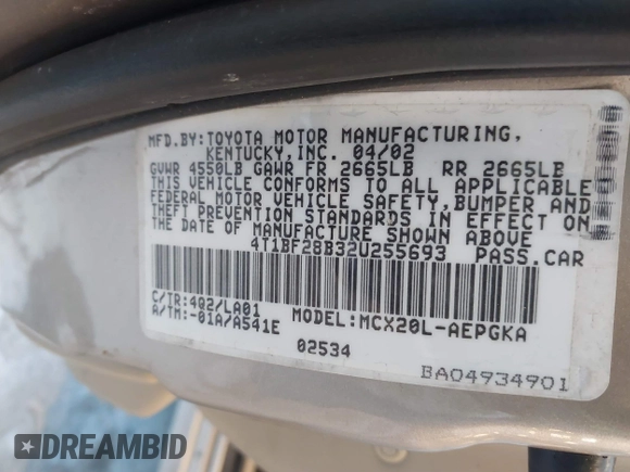 2002 Toyota Avalon XL with VIN 4T1BF28B32U255693, listed as a IAAI auction lot 41629186 with 221,335 mi miles and . Bid and sale history available at DreamBid. Image 9.