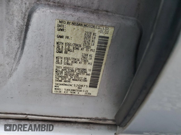2010 Nissan Xterra S z VIN 5N1AN0NU2AC520875, wystawiony jako Copart lot #47380135 z przebiegiem 180 188 mil mil oraz Szkoda całkowita • Salvage title. Historia ofert i sprzedaży dostępna na DreamBid. Obrazek 14.
