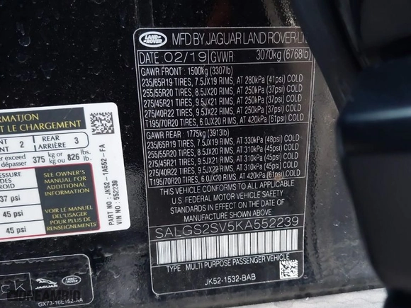 2019 Land Rover Range Rover HSE with VIN SALGS2SV5KA552239, listed as a IAAI auction lot 41304657 with NaN miles. Bid and sale history available at carsss.com. Image 9.