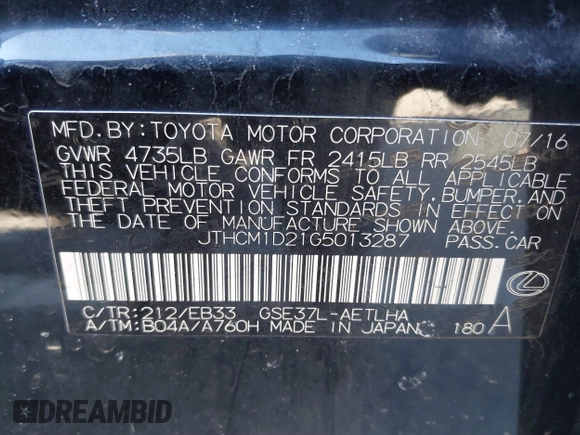 2016 Lexus IS 300/350 z VIN JTHCM1D21G5013287, wystawiony jako IAAI lot #41496289 z przebiegiem 128 464 mil mil oraz . Historia ofert i sprzedaży dostępna na DreamBid. Obrazek 9.