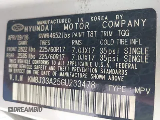 2016 Hyundai Tucson Sport with VIN KM8J33A25GU233478, listed as a IAAI auction lot 42109517 with 81,039 mi miles. Bid and sale history available at carsss.com. Image 9.