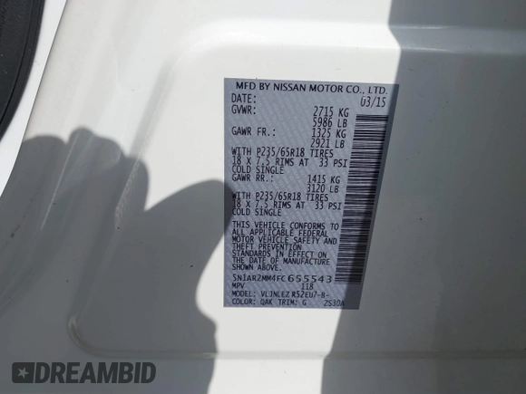 2015 Nissan Pathfinder SV z VIN 5N1AR2MM4FC655543, wystawiony jako IAAI lot #40638559 z przebiegiem 183 436 mil mil oraz . Historia ofert i sprzedaży dostępna na DreamBid. Obrazek 9.