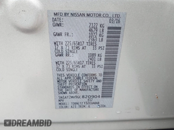 2016 Nissan Rogue SL with VIN 5N1AT2MV9GC820904, listed as a IAAI auction lot 42213220 with 172,038 mi miles and . Bid and sale history available at DreamBid. Image 9.