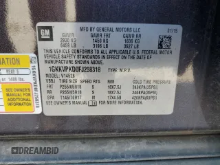 2015 GMC Acadia SLE with VIN 1GKKVPKD0FJ258318, listed as a Copart auction lot 62149095 with 50,864 mi miles and Salvage title. Bid and sale history available at DreamBid. Image 13.