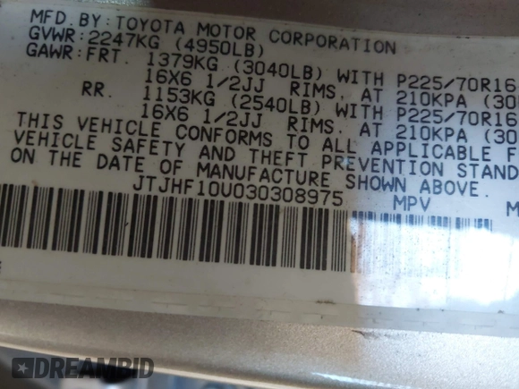 2003 Lexus RX 300 with VIN JTJHF10U030308975, listed as a IAAI auction lot 42632621 with 302,780 mi miles and . Bid and sale history available at DreamBid. Image 9.