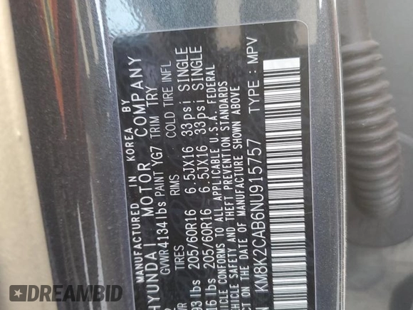 2022 Hyundai Kona SE with VIN KM8K2CAB6NU915757, listed as a Copart auction lot 42682815 with 27,967 mi miles and Salvage Title. Bid and sale history available at carsss.com. Image 14.