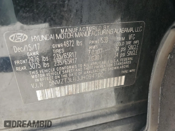 2018 Hyundai Santa Fe 2.4L with VIN 5NMZT3LB3JH094700, listed as a Copart auction lot 57342945 with 178,756 mi miles and Clean title. Bid and sale history available at DreamBid. Image 13.