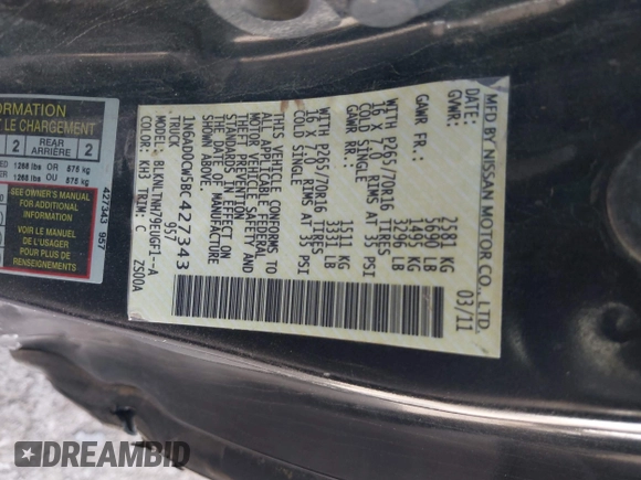 2011 Nissan Frontier SV with VIN 1N6AD0CW5BC427343, listed as a IAAI auction lot 41918856 with 153,384 mi miles and . Bid and sale history available at DreamBid. Image 9.