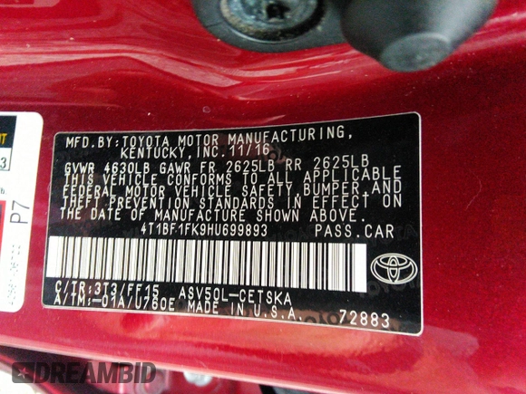 2017 Toyota Camry XLE z VIN 4T1BF1FK9HU699893, wystawiony jako IAAI lot #33158588 z przebiegiem 139 476 mil mil oraz . Historia ofert i sprzedaży dostępna na DreamBid. Obrazek 9.