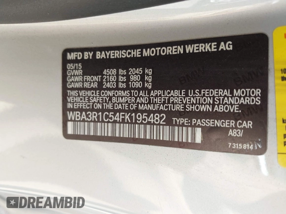 2015 BMW 4 Series 435i with VIN WBA3R1C54FK195482, listed as a IAAI auction lot 42029507 with 78,583 mi miles and . Bid and sale history available at DreamBid. Image 9.