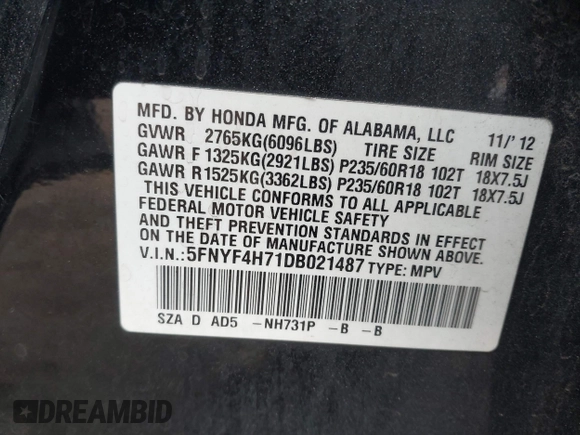 2013 Honda Pilot EX-L with VIN 5FNYF4H71DB021487, listed as a IAAI auction lot 41272308 with 188,217 mi miles and . Bid and sale history available at DreamBid. Image 9.