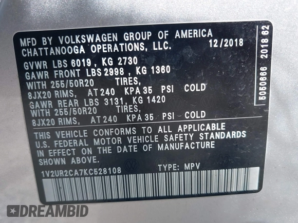 2019 Volkswagen Atlas SE with VIN 1V2UR2CA7KC528108, listed as a IAAI auction lot 42045402 with 66,479 mi miles and . Bid and sale history available at DreamBid. Image 9.