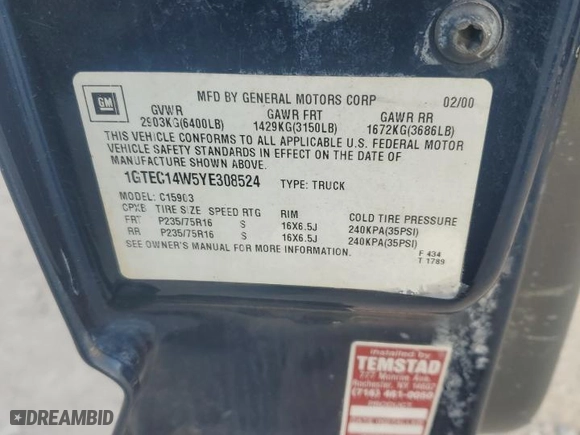 2000 GMC New Sierra 1500 SL with VIN 1GTEC14W5YE308524, listed as a Copart auction lot 77434154 with NaN miles and Salvage Title. Bid and sale history available at carsss.com. Image 12.