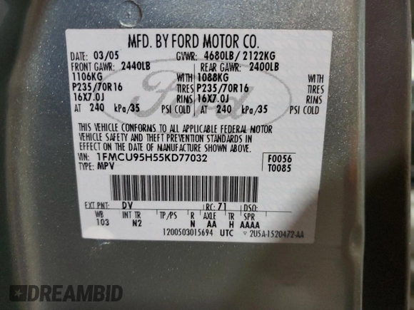 2005 Ford Escape Hybrid with VIN 1FMCU95H55KD77032, listed as a Copart auction lot 41877345 with 241,279 mi miles and Salvage title. Bid and sale history available at DreamBid. Image 13.