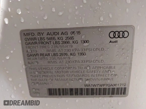 2016 Audi Q5 Prestige with VIN WA1W7AFP7GA001712, listed as a IAAI auction lot 41586298 with 98,725 mi miles. Bid and sale history available at carsss.com. Image 9.