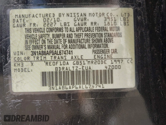 2010 Nissan Sentra S with VIN 3N1AB6AP6AL674741, listed as a IAAI auction lot 42217390 with 183,786 mi miles and . Bid and sale history available at DreamBid. Image 9.