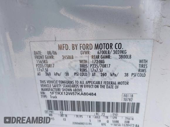 2007 Ford F-150 STX with VIN 1FTRX12W57KA80484, listed as a IAAI auction lot 42618913 with 199,013 mi miles and . Bid and sale history available at DreamBid. Image 9.