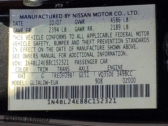 2008 Nissan Altima SE z VIN 1N4BL24E88C152321, wystawiony jako Copart lot #52091525 z przebiegiem 51 403 mil mil oraz Szkoda całkowita • Salvage title. Historia ofert i sprzedaży dostępna na DreamBid. Obrazek 14.
