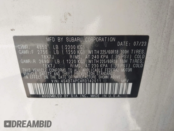 2024 Subaru Outback Touring с VIN 4S4BTAPC4R3142011, выставлен на аукционе IAAI как лот 42595920 с пробегом 23 873 миль миль и . История ставок и продаж доступна на DreamBid. Изображение 9.