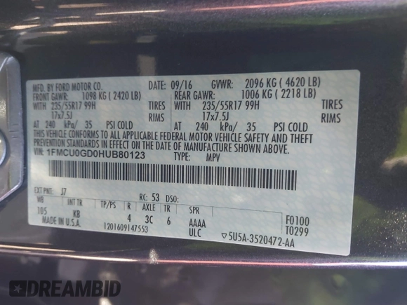 2017 Ford Escape SE with VIN 1FMCU0GD0HUB80123, listed as a IAAI auction lot 41895514 with 61,680 mi miles and . Bid and sale history available at DreamBid. Image 9.