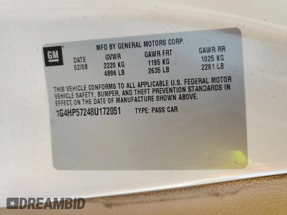 2008 Buick Lucerne CX with VIN 1G4HP57248U172051, listed as a Copart auction lot 69167273 with 192,312 mi miles and Clean Title. Bid and sale history available at DreamBid. Image 12.