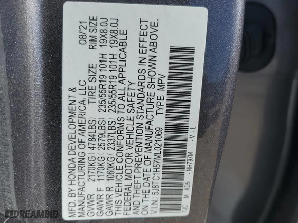 2021 Acura RDX w/Technology Package with VIN 5J8TC1H57ML021069, listed as a Copart auction lot 86820444 with 51,463 mi miles and Salvage Title. Bid and sale history available at carsss.com. Image 14.