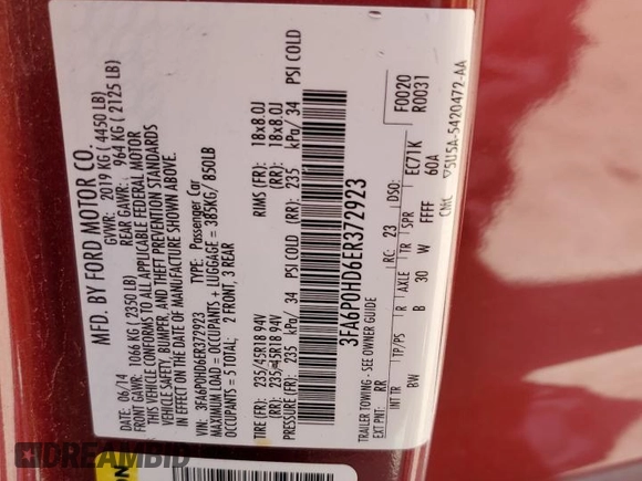 2014 Ford Fusion SE with VIN 3FA6P0HD6ER372923, listed as a Copart auction lot 53810855 with 170,090 mi miles and Salvage Title. Bid and sale history available at DreamBid. Image 12.