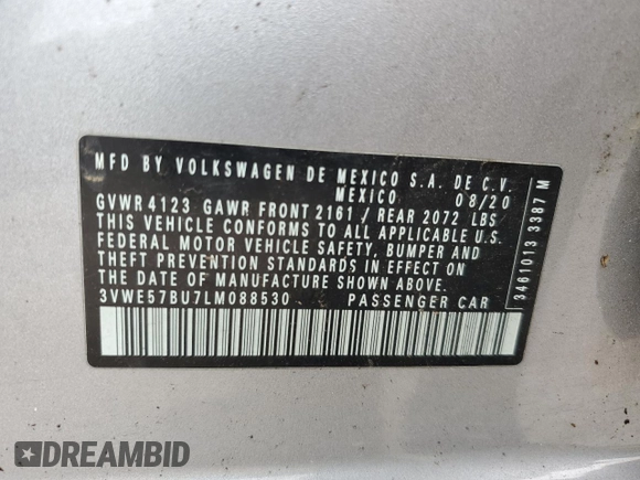 2020 Volkswagen Jetta SEL with VIN 3VWE57BU7LM088530, listed as a Copart auction lot 61121135 with 60,060 mi miles and Salvage title. Bid and sale history available at DreamBid. Image 12.