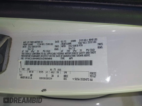2013 Ford Escape SEL с VIN 1FMCU9H96DUD88466, выставлен на аукционе IAAI как лот 42202030 с пробегом 135 424 миль миль и . История ставок и продаж доступна на DreamBid. Изображение 9.