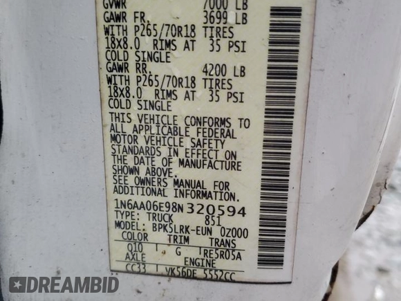 2008 Nissan Titan z VIN 1N6AA06E98N320594, wystawiony jako Copart lot #79463364 z przebiegiem 185 143 mil mil oraz Nie do naprawy • Non repairable. Historia ofert i sprzedaży dostępna na DreamBid. Obrazek 12.