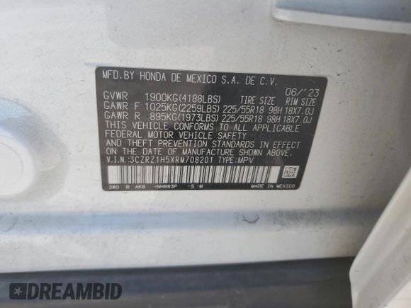 2024 Honda HR-V Sport z VIN 3CZRZ1H5XRM708201, wystawiony jako Copart lot #68973844 z przebiegiem Nie podano mil oraz Szkoda całkowita • Salvage title. Historia ofert i sprzedaży dostępna na DreamBid. Obrazek 13.