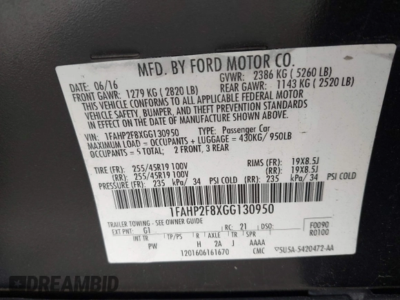 2016 Ford Taurus Limited with VIN 1FAHP2F8XGG130950, listed as a IAAI auction lot 41833038 with 128,536 mi miles and . Bid and sale history available at DreamBid. Image 9.
