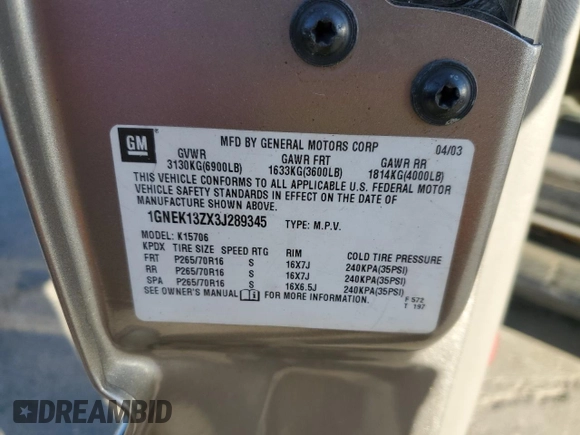 2003 Chevrolet Tahoe LS with VIN 1GNEK13ZX3J289345, listed as a Copart auction lot 53379565 with 200,893 mi miles and Salvage Title. Bid and sale history available at DreamBid. Image 13.