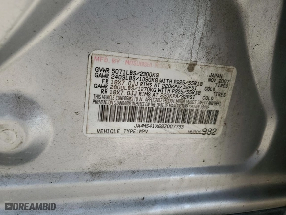 2008 Mitsubishi Outlander XLS with VIN JA4MS41X68Z007793, listed as a Copart auction lot 47955635 with 183,771 mi miles and Salvage Title. Bid and sale history available at carsss.com. Image 16.