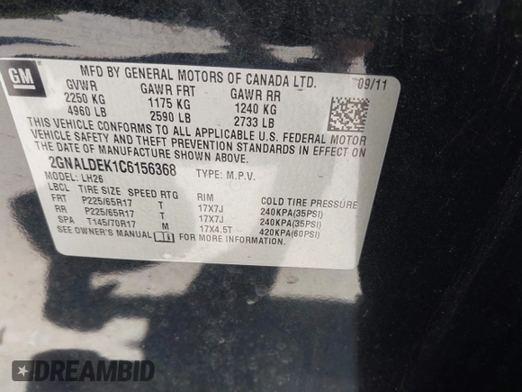 2012 Chevrolet Equinox 1LT z VIN 2GNALDEK1C6156368, wystawiony jako IAAI lot #42323337 z przebiegiem 257 331 mil mil oraz . Historia ofert i sprzedaży dostępna na DreamBid. Obrazek 9.
