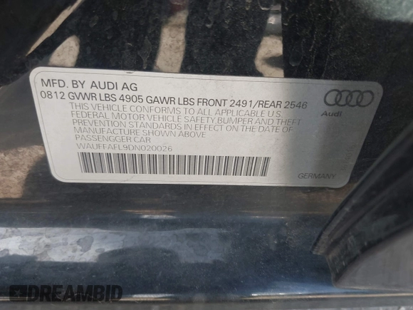 2013 Audi A4 Premium Plus with VIN WAUFFAFL9DN020026, listed as a IAAI auction lot 41799876 with 119,133 mi miles. Bid and sale history available at carsss.com. Image 9.