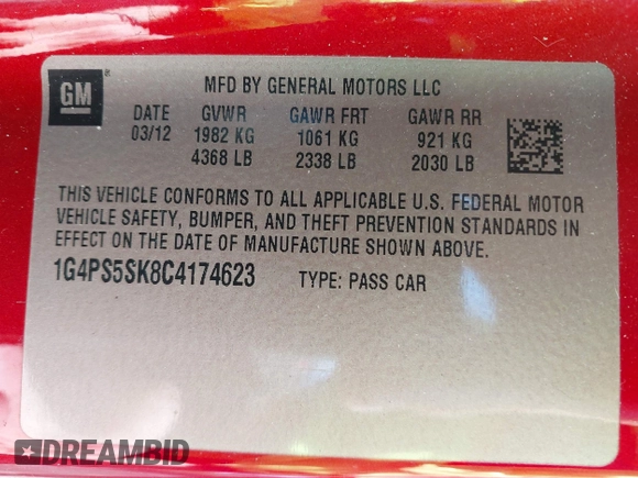 2012 Buick Verano Group with VIN 1G4PS5SK8C4174623, listed as a IAAI auction lot 42557846 with 57,519 mi miles and . Bid and sale history available at DreamBid. Image 9.