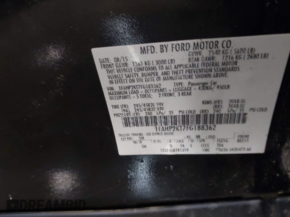2015 Ford Taurus SHO с VIN 1FAHP2KT7FG188362, выставлен на аукционе IAAI как лот 42313534 с пробегом 88 415 миль миль и . История ставок и продаж доступна на DreamBid. Изображение 9.