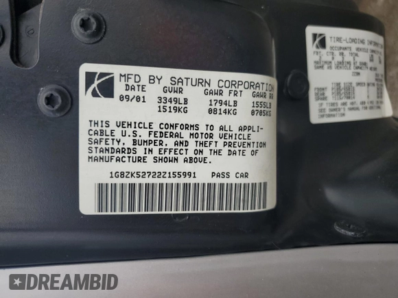 2002 Saturn SL with VIN 1G8ZK52722Z155991, listed as a Copart auction lot 62569355 with 60,672 mi miles and Clean title. Bid and sale history available at DreamBid. Image 12.